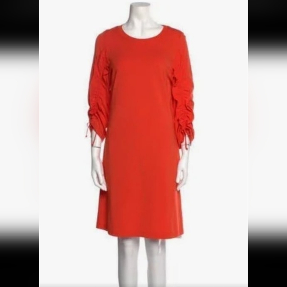 Like New KOBI HALPERIN Orange Crew Neck ruched sleeve Dress Large